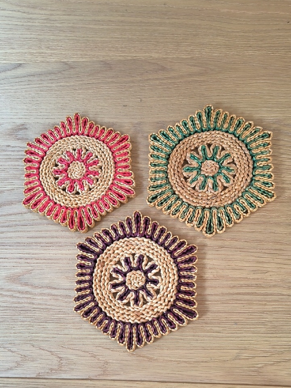 Set of 3 Vintage 70s Raffia Flower Trivets - Boho Hexagon Hot Pads 7"